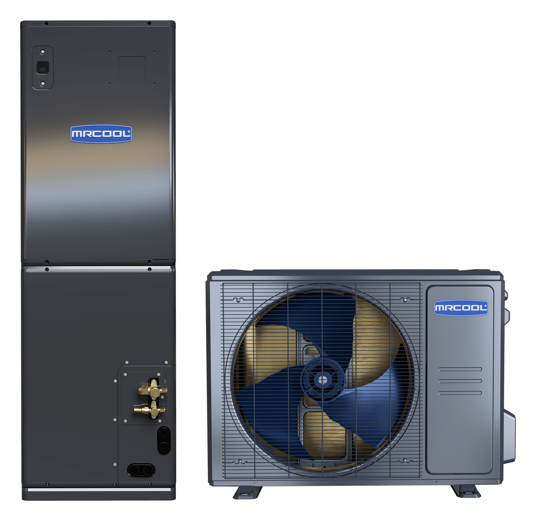 MRCOOL Universal 2nd Gen central ducted heat pump system: air handler and outdoor condenser