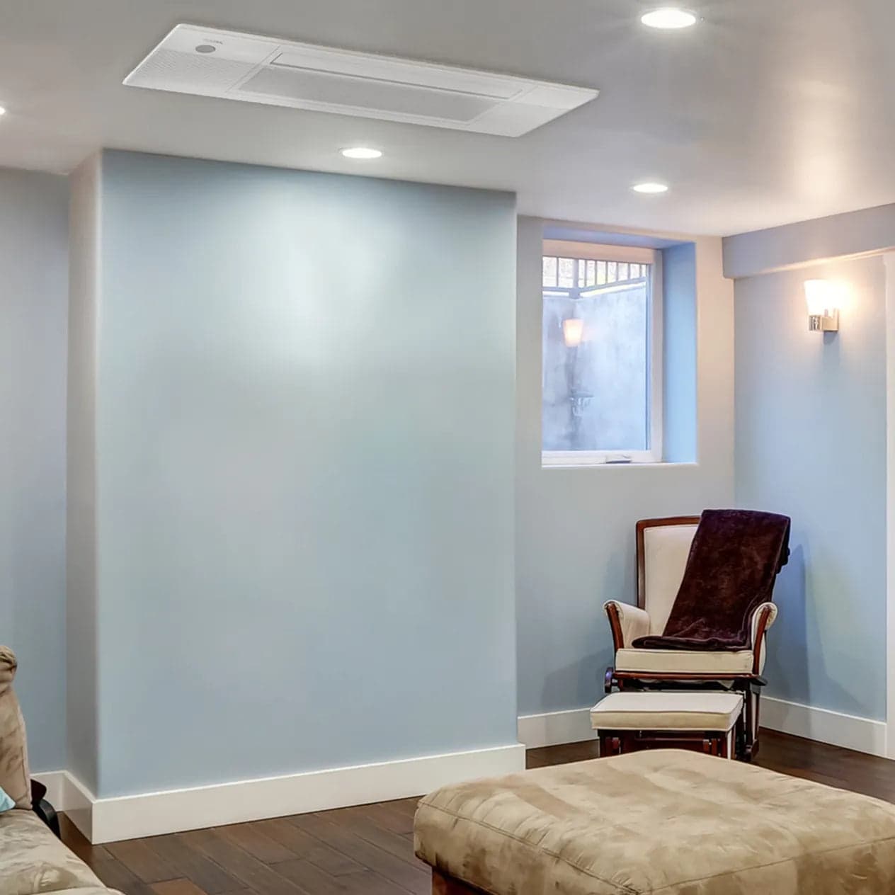 MRCOOL DIY ceiling cassette installed in the ceiling of a finished room with recessed lights